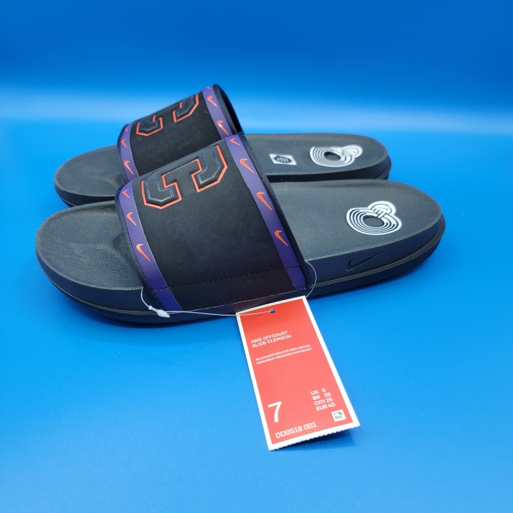 Nike OffCourt Clemson Tigers Slides Men's Size 7 Black Purple Orange Revive Foam